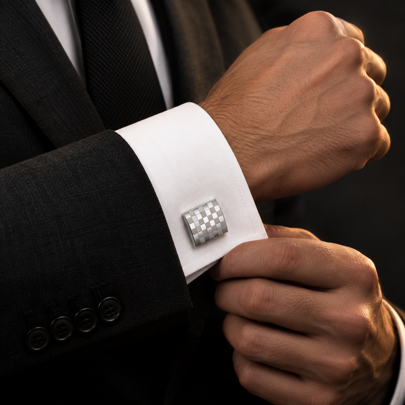 Silver-Tone Checkerboard Pattern Cufflinks