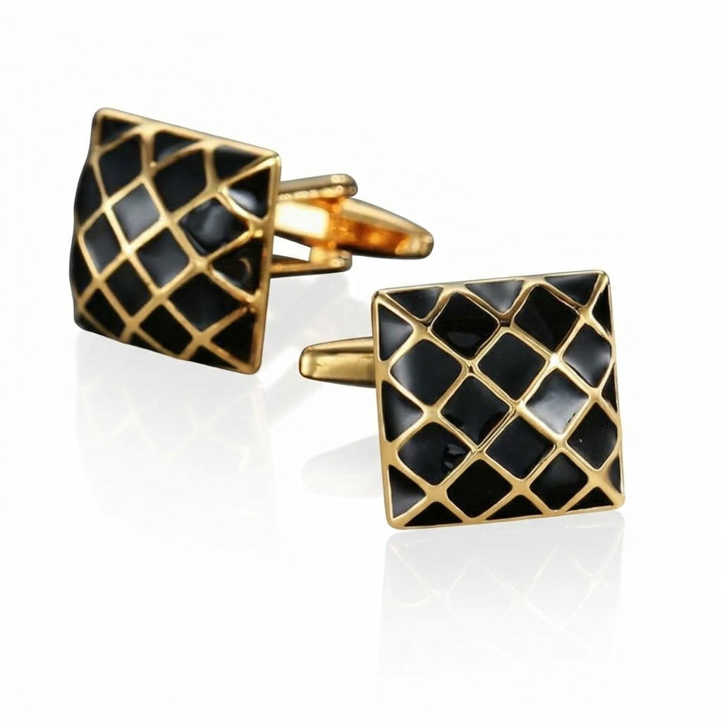 Gold-Tone Cufflinks with Black Enamel Quilted Grid