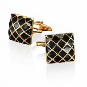 Gold-Tone Cufflinks with Black Enamel Quilted Grid