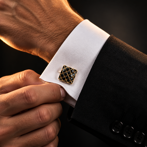 Gold-Tone Cufflinks with Black Enamel Quilted Grid