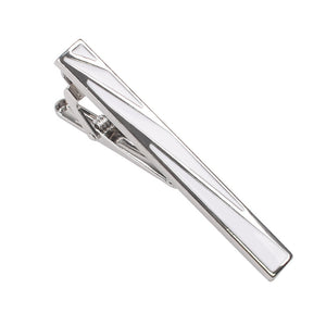Silver-tone tie clip featuring a polished metal finish and geometric white enamel inlay