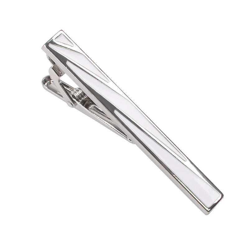 Silver-tone tie clip featuring a polished metal finish and geometric white enamel inlay