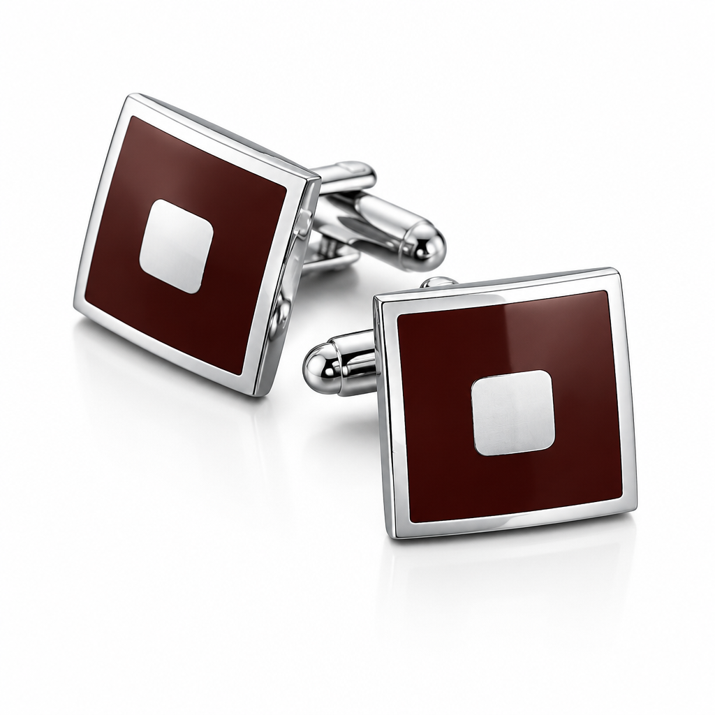 Silver-Tone Cufflinks with Brown Enamel Square