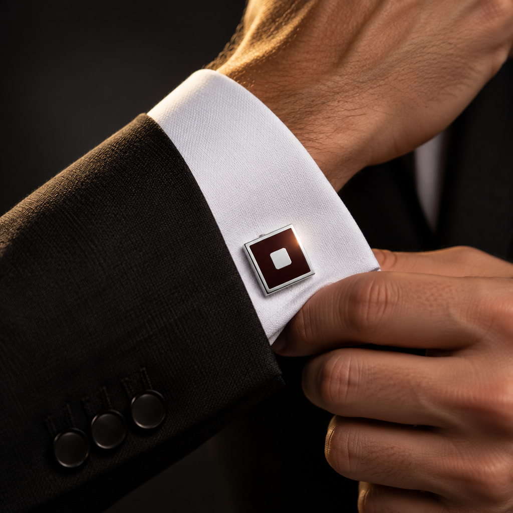 Silver-Tone Cufflinks with Brown Enamel Square