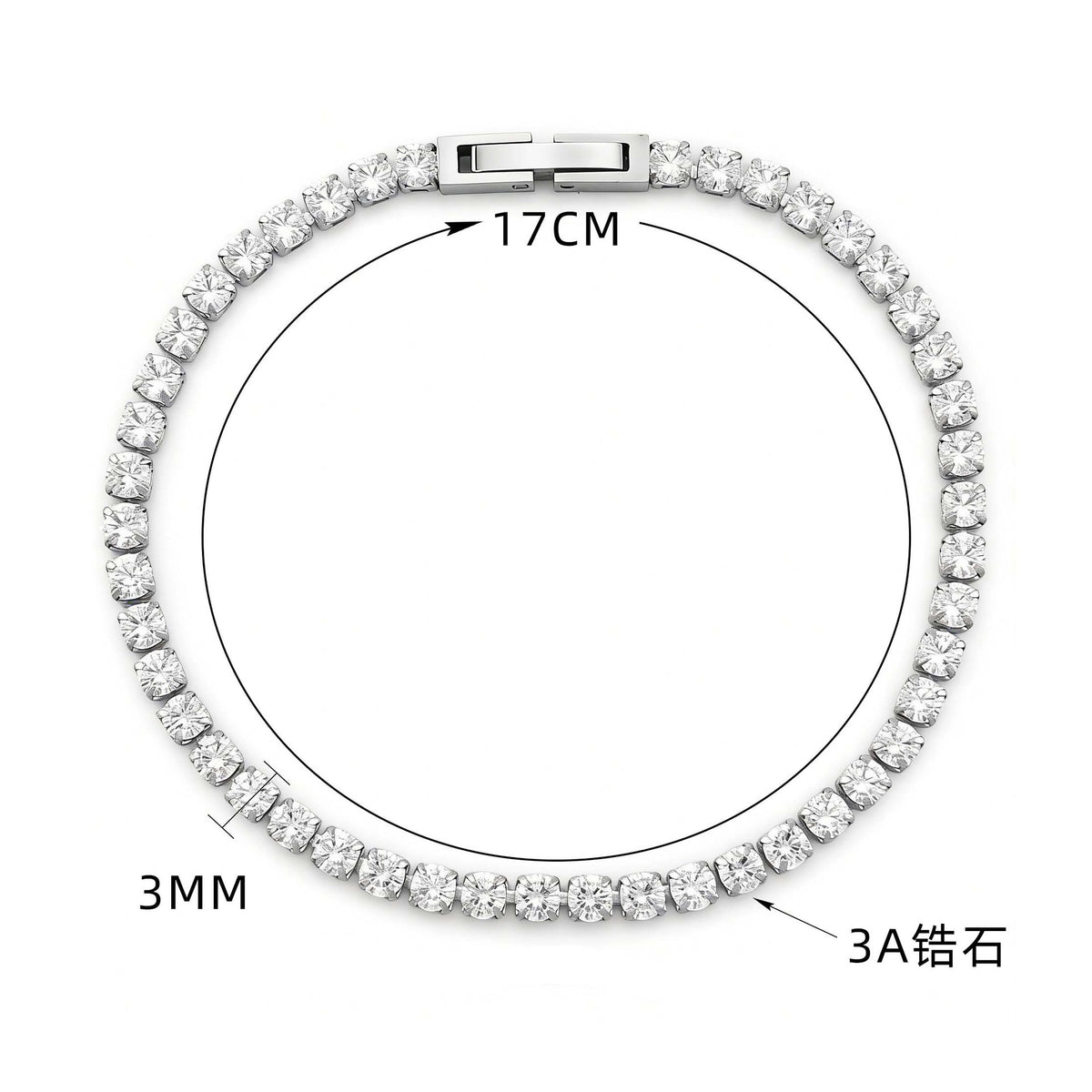 Silver-tone tennis link bracelet with square stones and an integrated box clasp