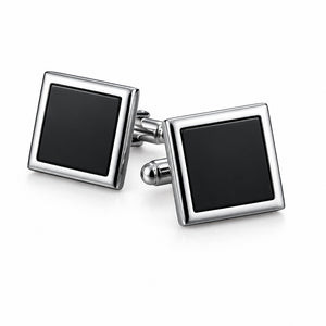 Square silver-tone cufflinks featuring a black enamel inlay and T-bar closure