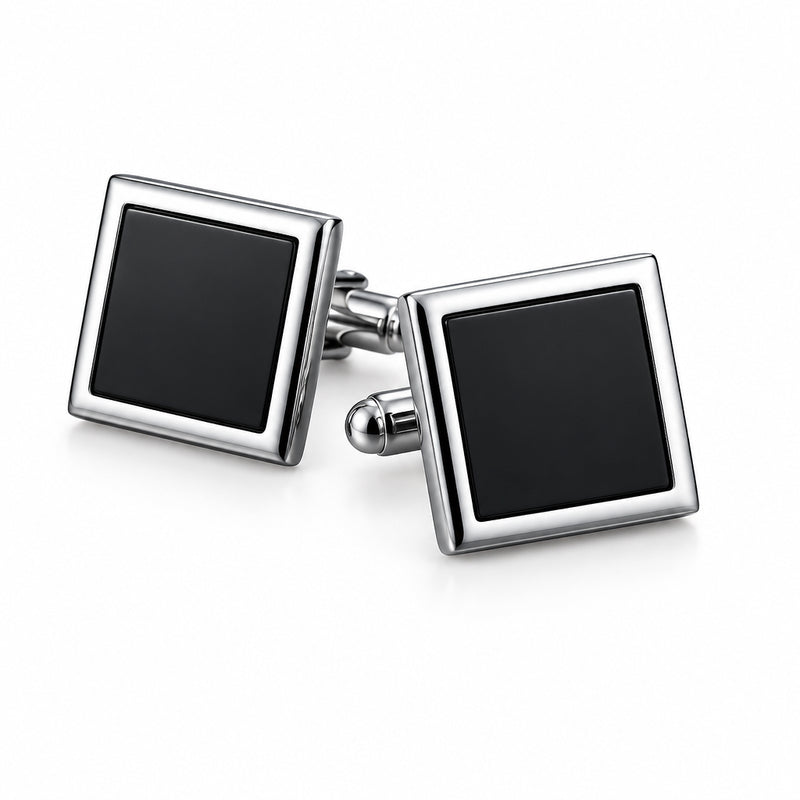 Square silver-tone cufflinks featuring a black enamel inlay and T-bar closure