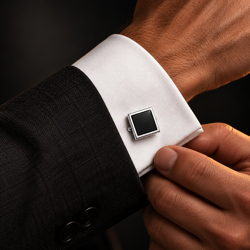 Square Cufflinks with Black Enamel Inlay