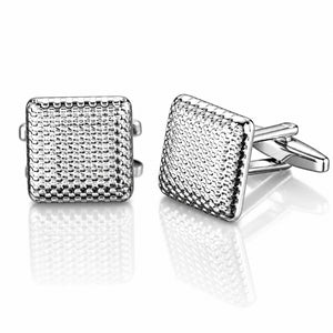 A pair of silver-tone cufflinks featuring micro-textured square faces and standard T-bar closures