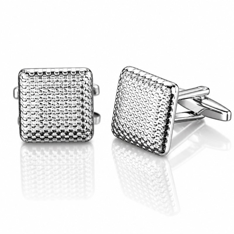 A pair of silver-tone cufflinks featuring micro-textured square faces and standard T-bar closures