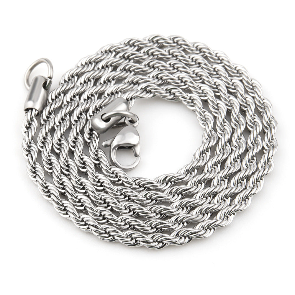 Silver-tone stainless steel rope chain necklace with twisted links and a lobster clasp