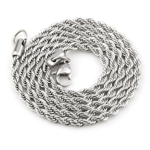 Silver-tone stainless steel rope chain necklace with twisted links and a lobster clasp