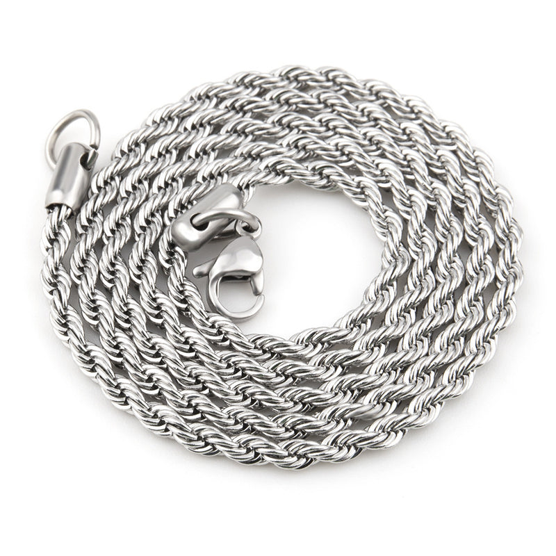Silver-tone stainless steel rope chain necklace with twisted links and a lobster clasp
