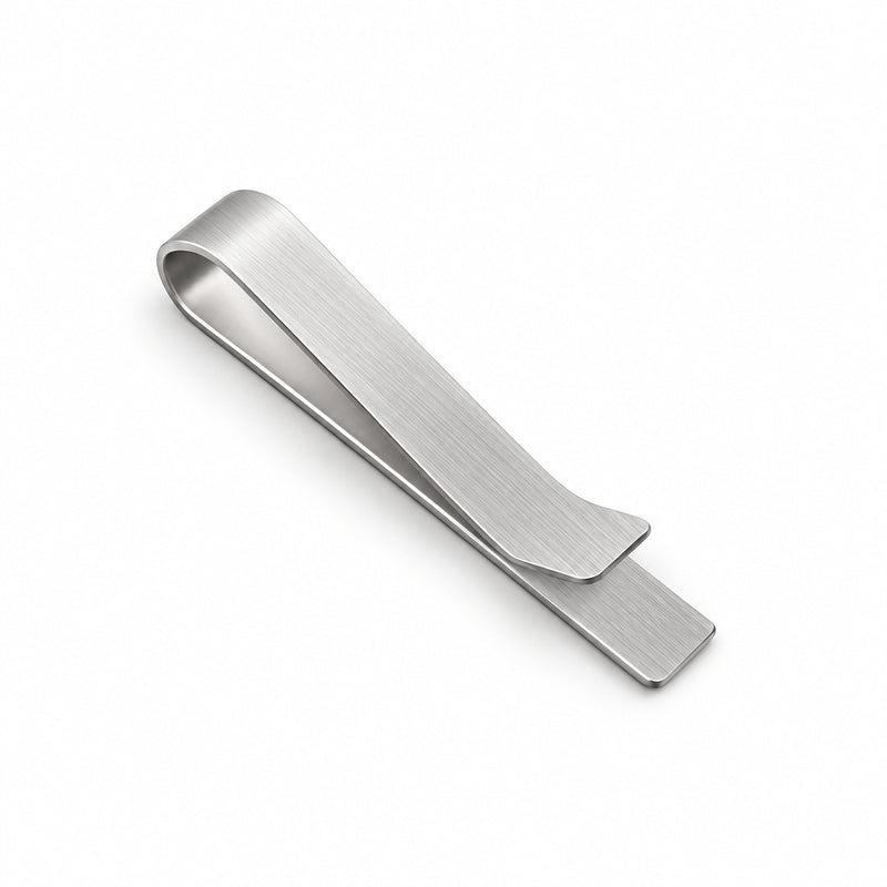 Brushed silver-tone stainless steel tie clip with a folded design and beveled edge