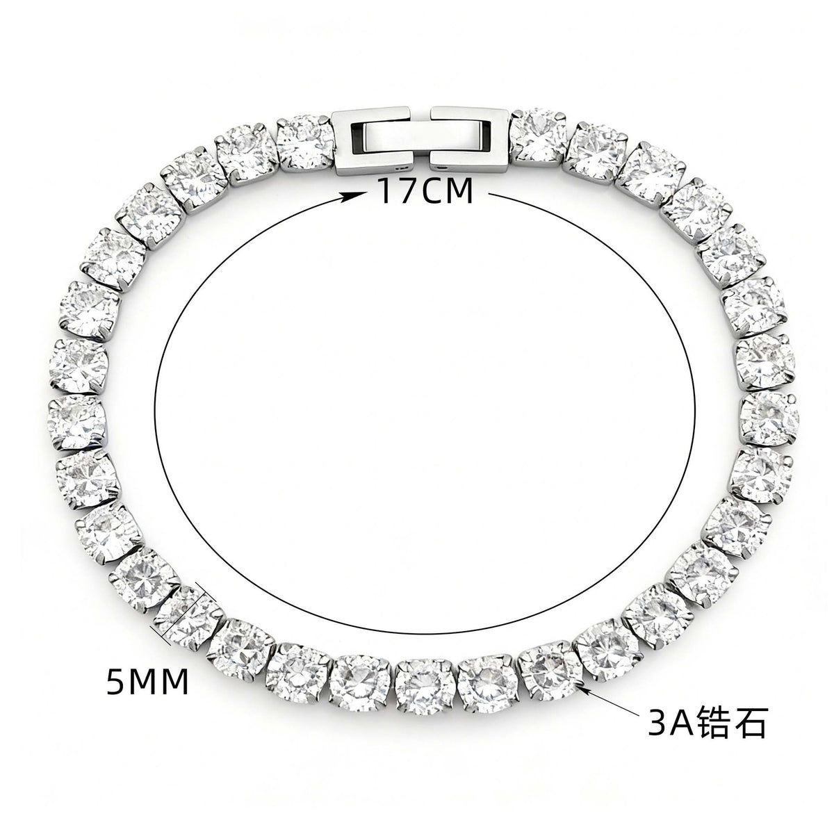 Silver-tone tennis bracelet with round zircon stones in prong settings and a box clasp