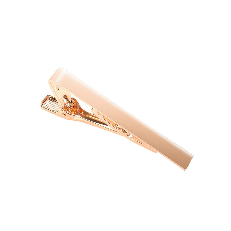 A polished rose gold-tone tie clip with a hinged lever-back clasp shown on a plain white background.