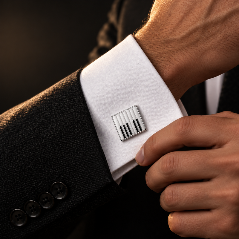 Silver-Tone Cufflinks with Piano Key Enamel Pattern