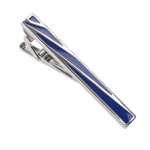 Silver-tone tie clip featuring geometric cutouts filled with blue enamel and a spring-loaded hinge