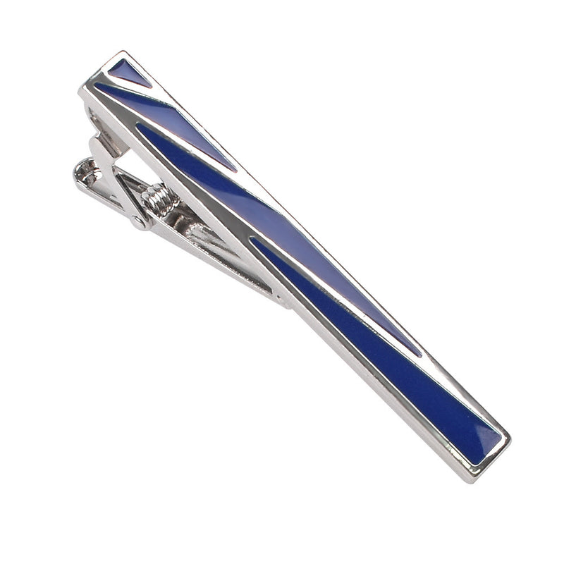 Silver-tone tie clip featuring geometric cutouts filled with blue enamel and a spring-loaded hinge
