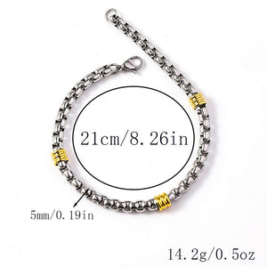 Silver-tone box chain bracelet featuring three gold-tone ribbed spacer stations and a lobster clasp