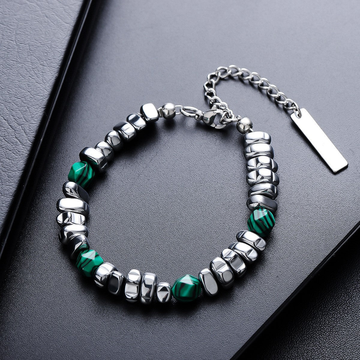 Silver-tone steel nugget and green malachite stone men's bracelet with extension chain