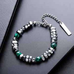 Silver-tone steel nugget and green malachite stone men's bracelet with extension chain