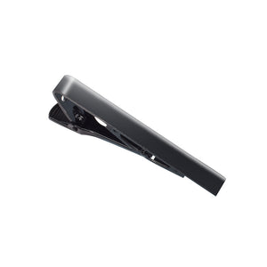 Matte-black metal tie-clip with spring-clip mechanism and textured lever grip