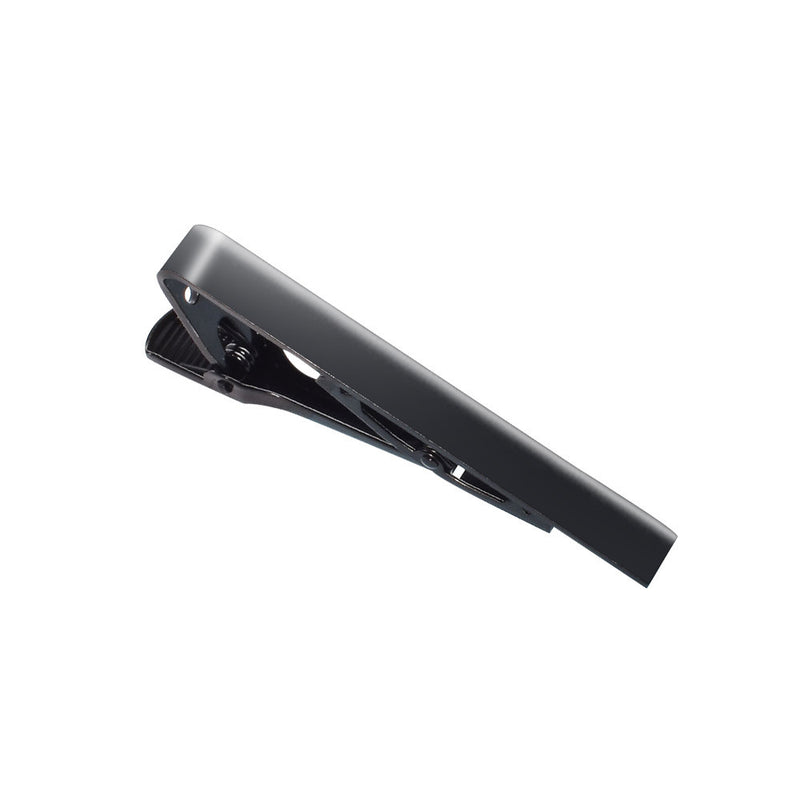 Matte-black metal tie-clip with spring-clip mechanism and textured lever grip