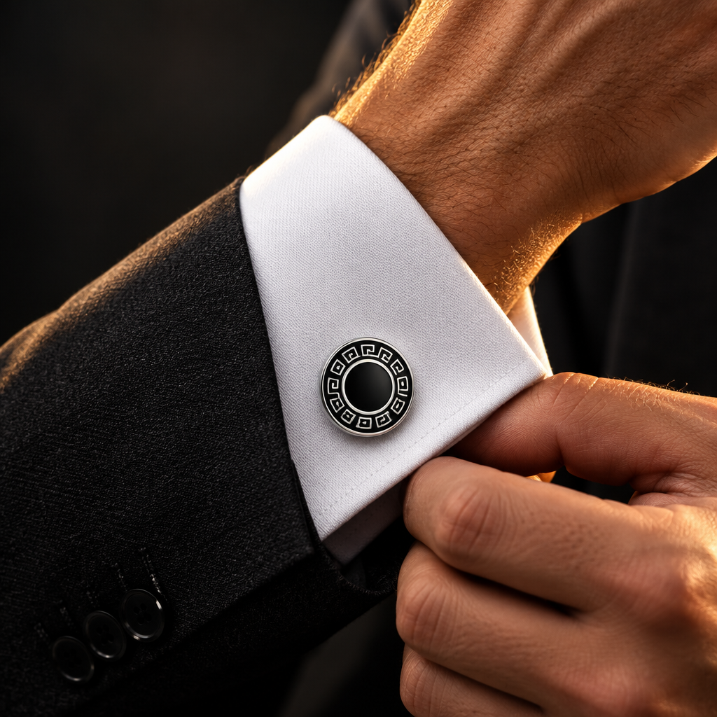 Silver-Tone Cufflinks with Black Enamel Greek Key Border