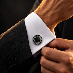 Silver-Tone Cufflinks with Black Enamel Greek Key Border