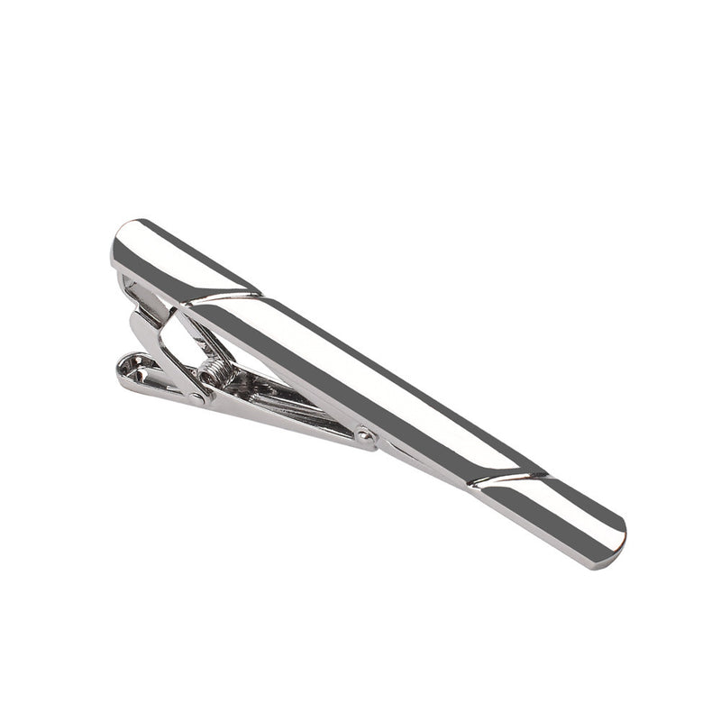 Silver-tone metal tie clip with a polished finish and beveled edges shown from an angle