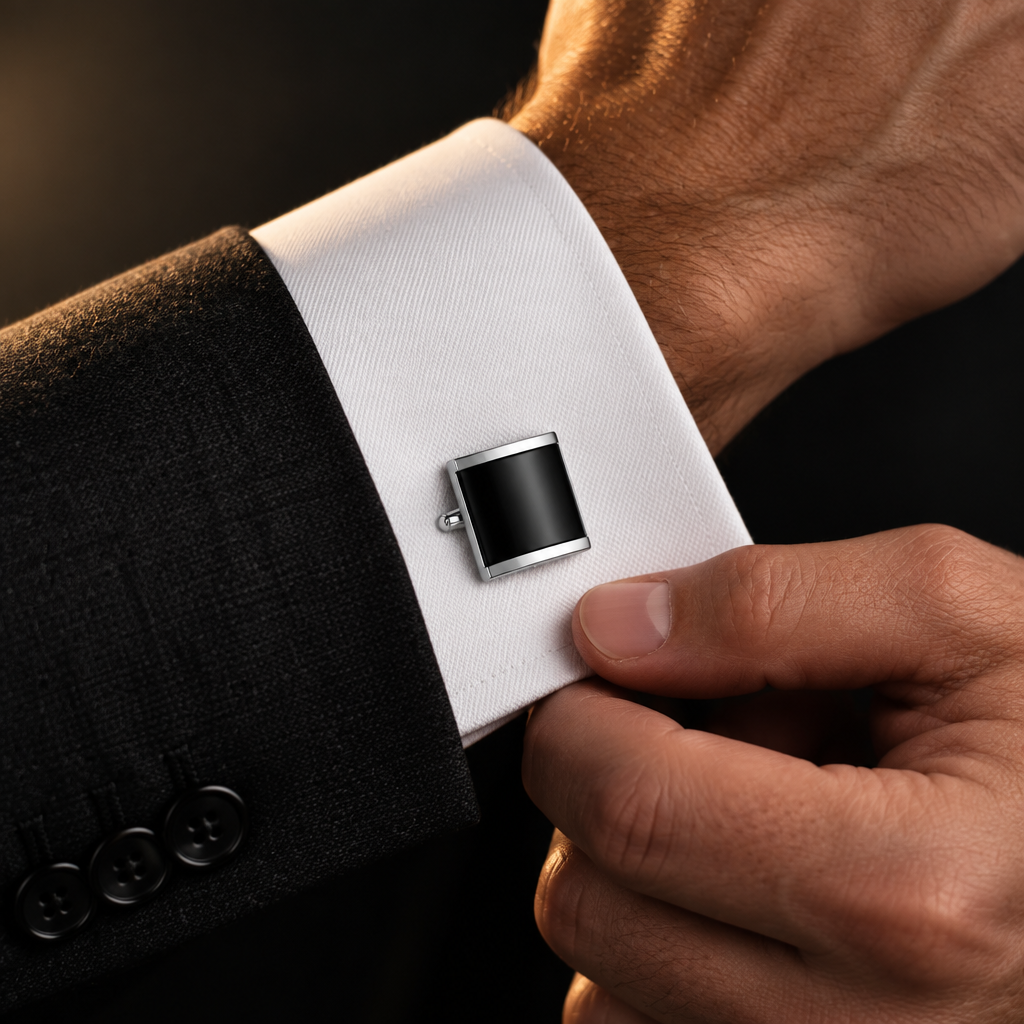 Silver-Tone Cufflinks with Curved Black Enamel Insert
