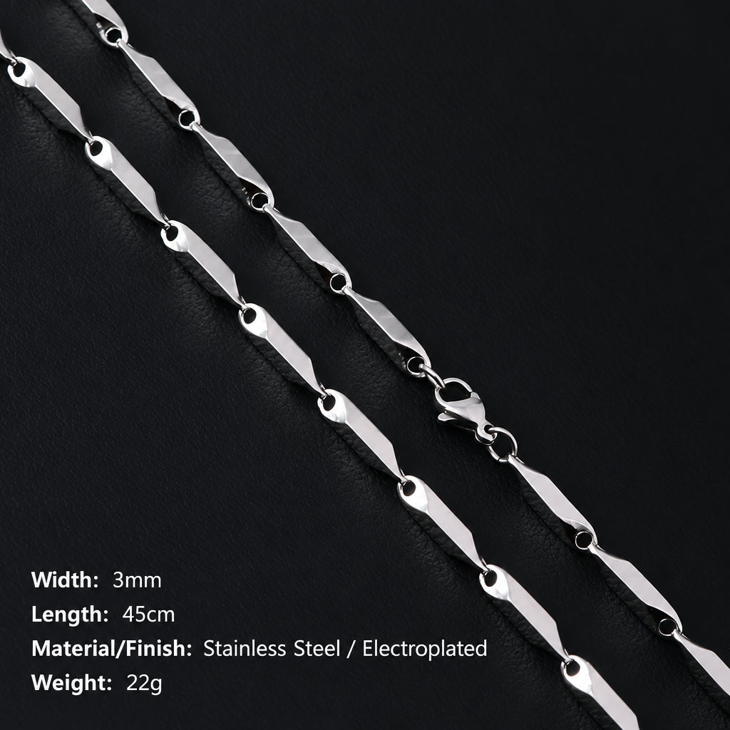 Silver-tone stainless steel necklace featuring beveled oblong links and a lobster clasp.