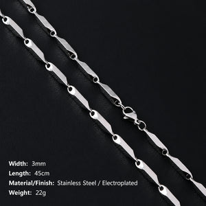 Silver-tone stainless steel necklace featuring beveled oblong links and a lobster clasp.