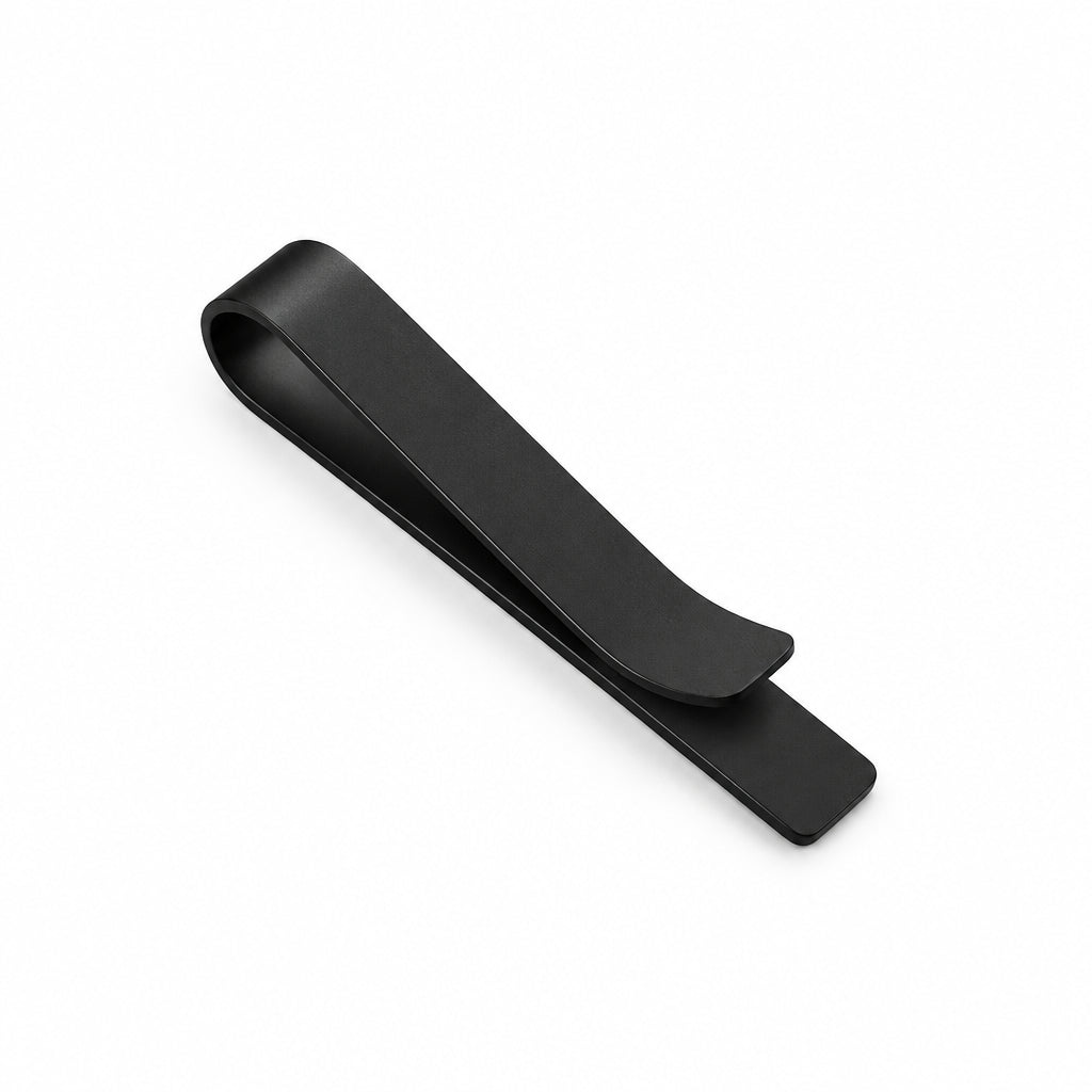 Brushed black stainless steel tie clip with a curved terminal end