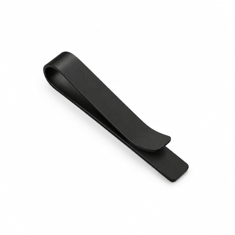 Brushed black stainless steel tie clip with a curved terminal end