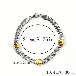 Silver-tone snake chain bracelet featuring three polished gold-tone ring accents and a lobster clasp