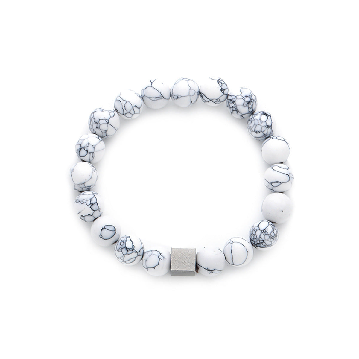 White marble-effect beaded bracelet with a central matte silver-tone cube bead on a white background