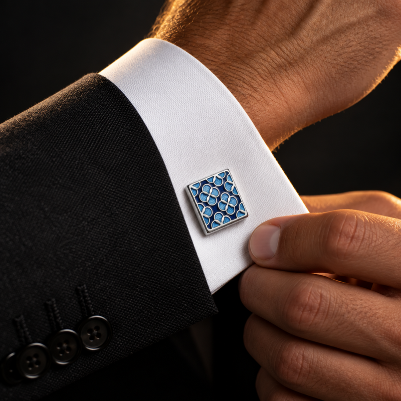 Square Silver-Tone Cufflinks with Blue Enamel Clover Pattern