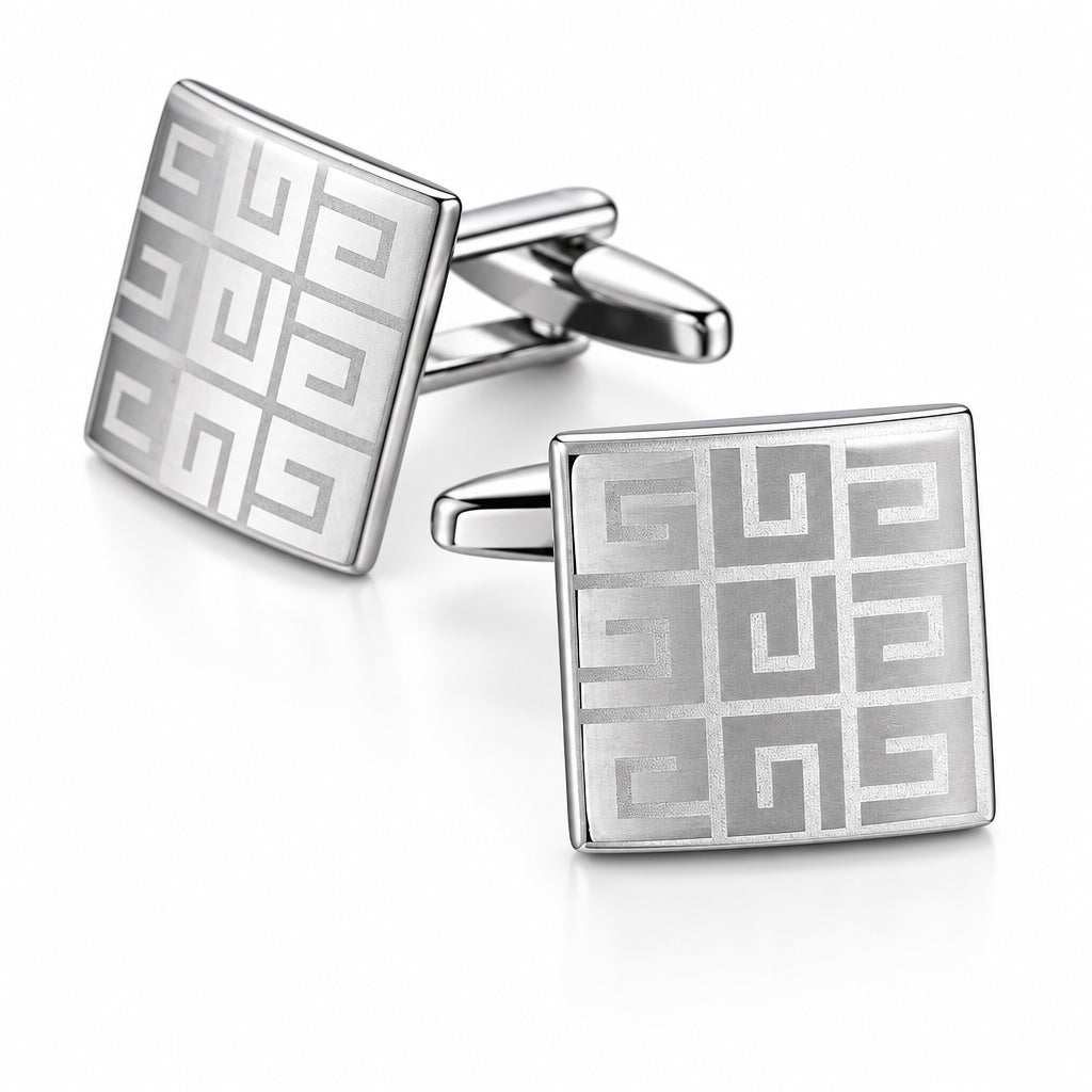 Pair of silver-tone square cufflinks with an etched geometric grid pattern and hinged T-bar backings
