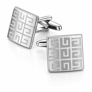 Pair of silver-tone square cufflinks with an etched geometric grid pattern and hinged T-bar backings
