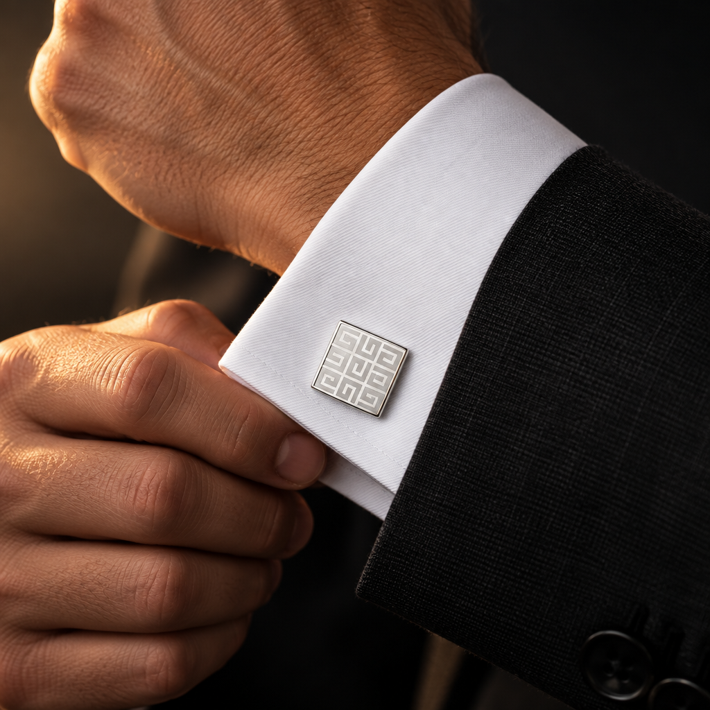 Silver-Tone Cufflinks with Etched Square Pattern