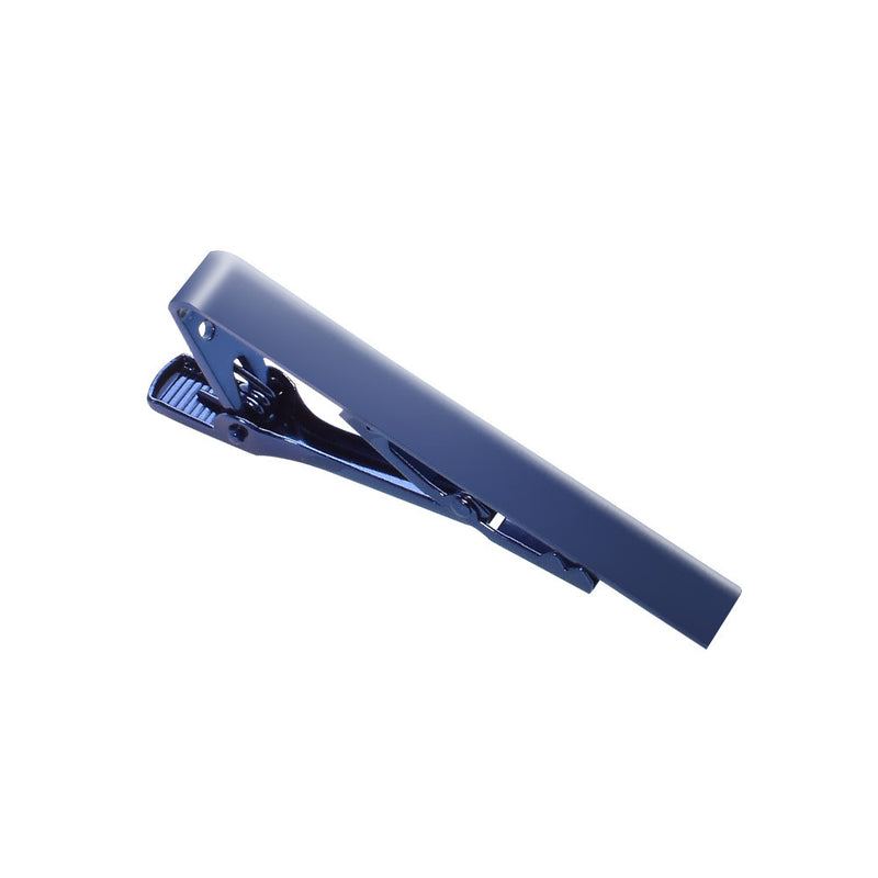 Blue tie clip with a matte finish and beveled edge