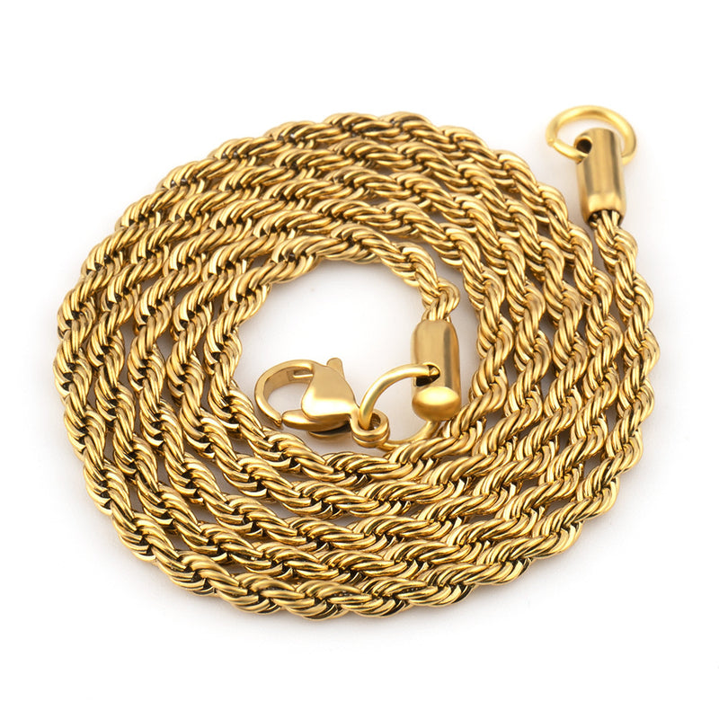 Gold-tone stainless steel twisted rope link necklace with a lobster clasp