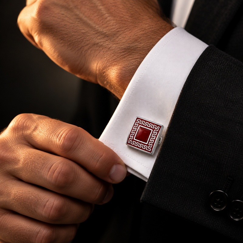 Red Enamel and Greek Key Border Cufflinks