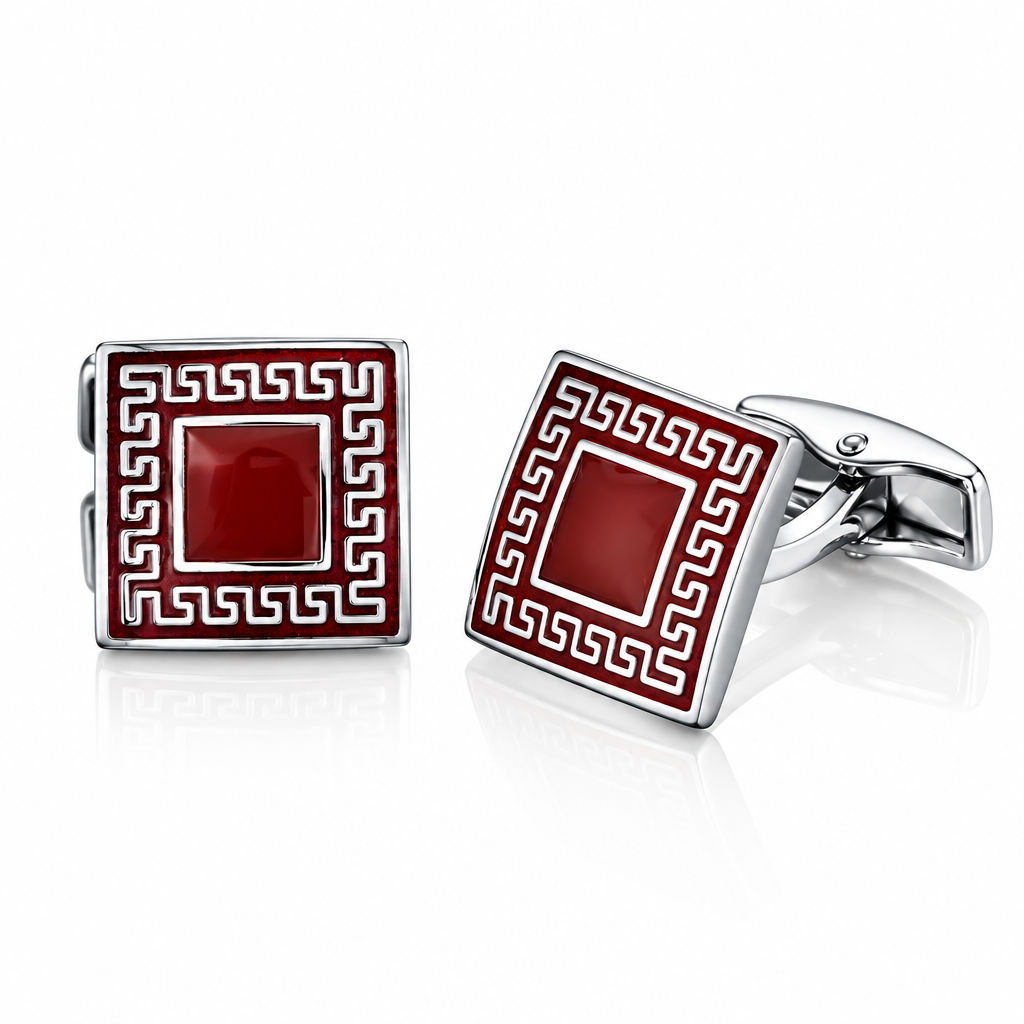 Red Enamel and Greek Key Border Cufflinks