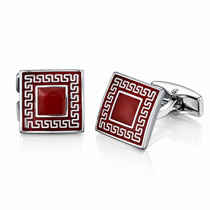 Red Enamel and Greek Key Border Cufflinks