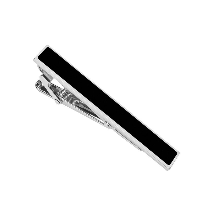 Silver-tone tie clip featuring a black enamel inlay down the centre and a hinged spring back.