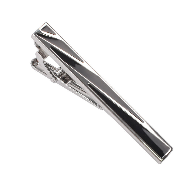 Silver-tone metal tie clip featuring a diagonal black enamel inlay pattern and a hinged spring clip mechanism