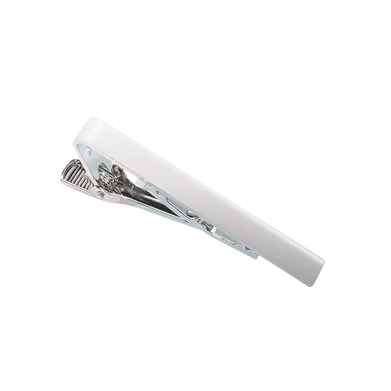 Silver-tone metal tie clip with a brushed finish and polished beveled edges, shown partially open.